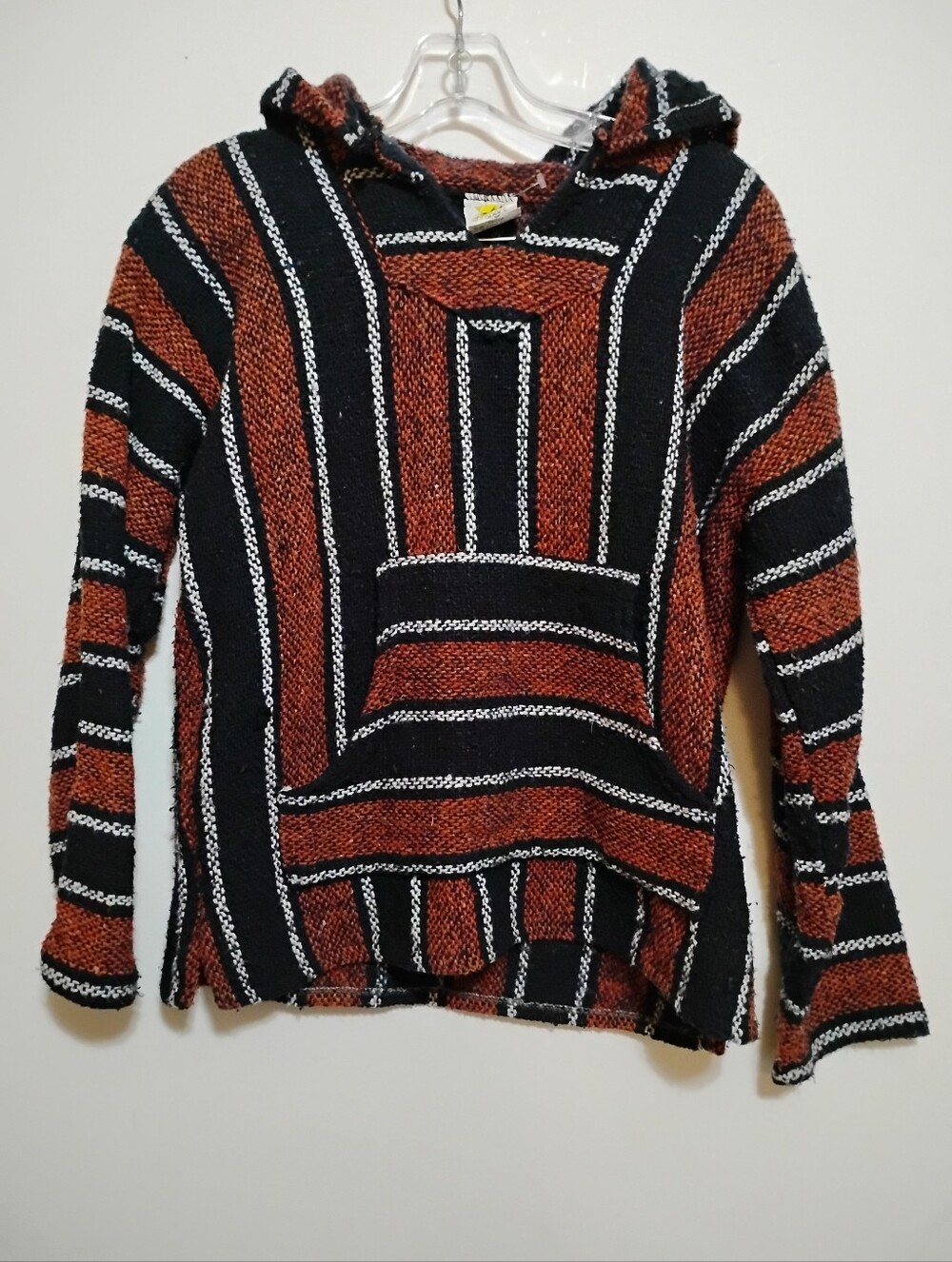 SUNSPECS Striped Hooded Baja Sweater FRONT MIDDLE POCKET- Black & Rust Acrylic S
